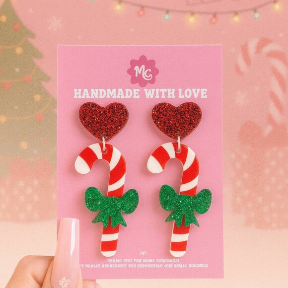Candy Cane Christmas Earrings β Red Green Glitter Holiday Dangle - Picture 1 of 4